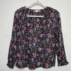 Loft floral long sleeve shirt with ruffle accents, size XS
